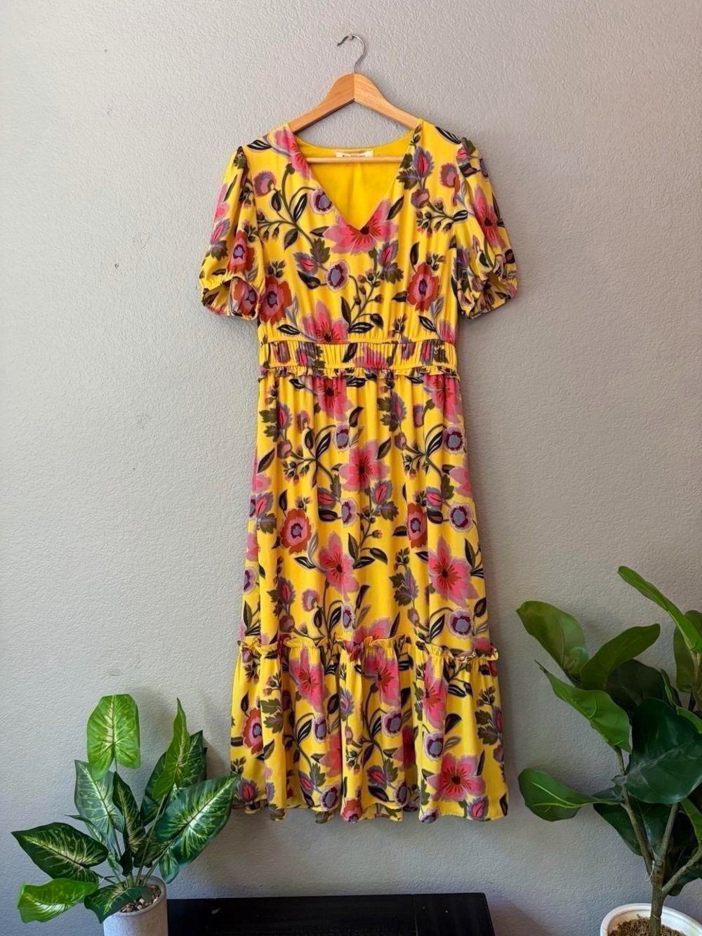 Yellow Floral V-Neck Midi Maxi Dress - Pink & Black Print